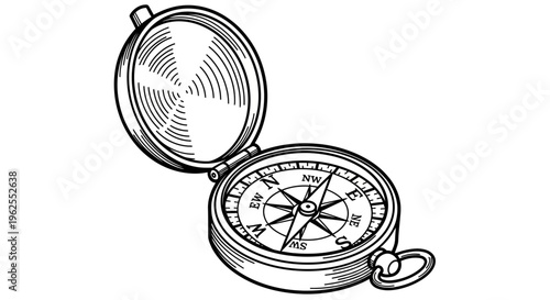 Detailed vintage compass drawing in black and white
