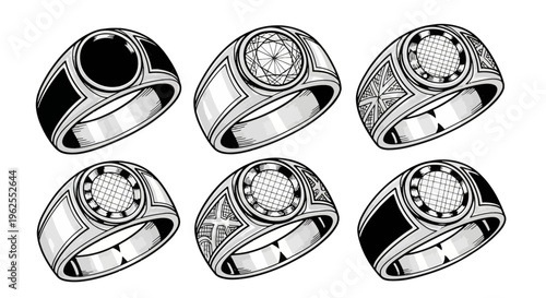 Geometric patterned rings collection in black and white line art style