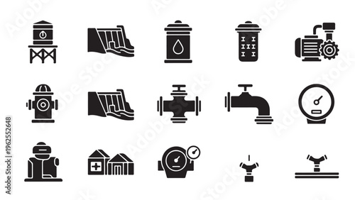 Water infrastructure and utility glyph icon set for dam, pipeline, pump systems, and municipal water supply management