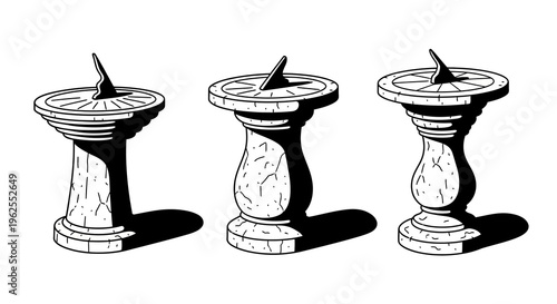 Vintage sundials with shadows on white background: set of three classic designs