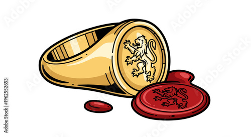 Golden signet ring with lion emblem and red wax seal on white background