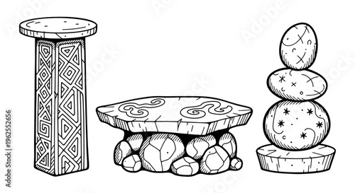 Hand-drawn ancient stone pedestals with geometric patterns