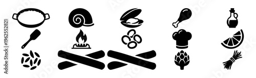 National Spanish Paella Day Icon Set in Blake Color  Flat Vector Illustration on Transparent Background