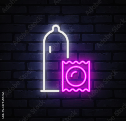Neon condom and wrapper icon glowing in pink and white on dark brick wall. Bold minimal design highlights safe intimacy concept. Ideal for pharmacy ads, health campaigns