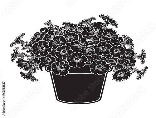 Elegant petunia flower pot silhouette vector with beautiful blooming plant design