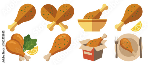 CHICKEN DRUMSTICK - Golden seared poultry leg with herb seasoning  Flat Vector Illustration on Transparent Background