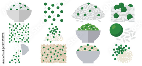 GREEN PEAS - Small vibrant emerald spheres scattered on rice  Flat Vector Illustration on Transparent Background