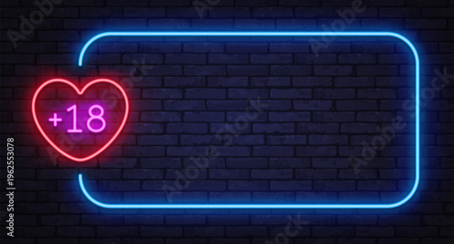 Neon heart with plus eighteen mark inside luminous border. Bold glowing design emphasizes adult content restriction. Great for age limit signs, nightlife branding, or legal warning graphics.
