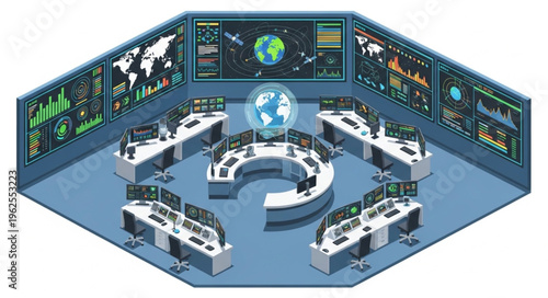 Isometric View of a Modern Control Room with Global Monitoring.