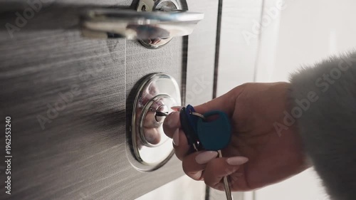 Door unlocking process. Person turns key in contemporary door. Closeup of hand operating key in modern entryway door. Intimate scene of hand turning key in sleek modern door during arrival
