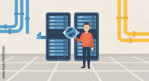 Server Room Security - Man Protecting Data with Shield.