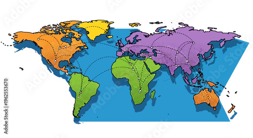 Colorful world map with dotted global network connections