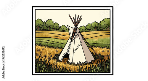 Traditional teepee in countryside landscape with fields and trees