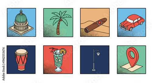Retro pop art highlights: tropical icon set with landmarks, drinks, instruments, travel