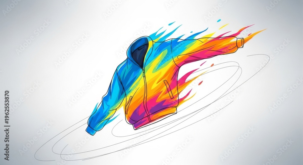 Obraz premium Dynamic Speeding Hoodie Illustration – High Speed Flying Jacket with Vibrant Fire Trail and Motion Lines for Sports, Gaming, and Fashion Branding