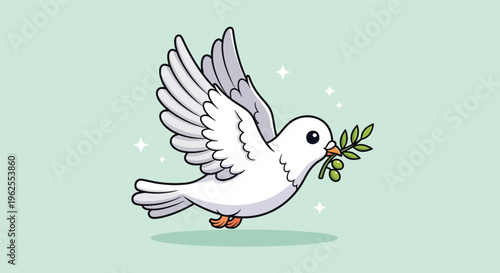 A white dove carrying an olive branch in its beak symbolizing peace and hope.