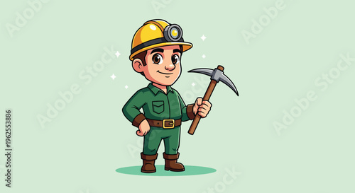 Cartoon Miner Character with Pickaxe and Hard Hat.