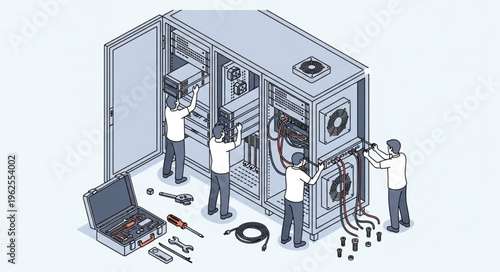 Technicians Servicing Industrial Electrical Equipment in a Control Room.