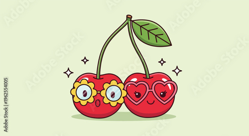 Cute Cartoon Cherries with Funny Faces and Sunglasses.