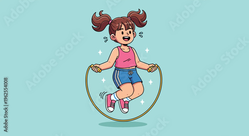 Cute Cartoon Girl Joyfully Jumping Rope Outdoors.