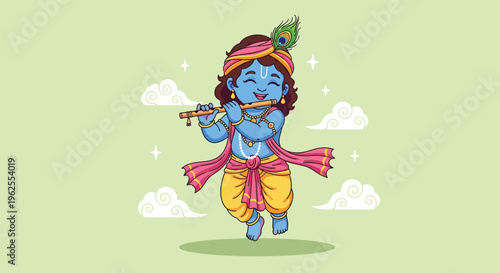 Cute Cartoon Krishna Playing Flute with Peacock Feather.