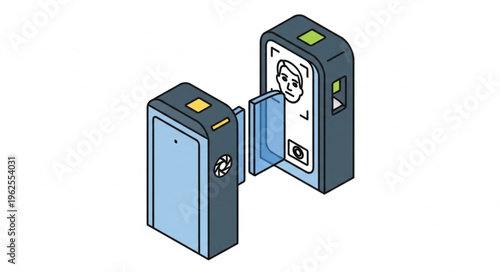 Isometric Illustration of Facial Recognition Security Gates for Access Control.