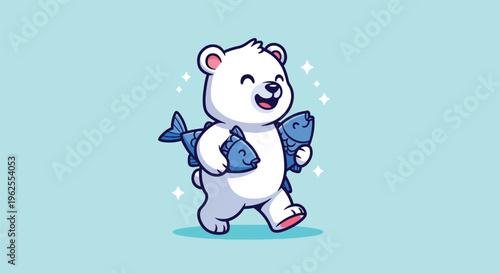 Cute cartoon polar bear happily carrying two fish.