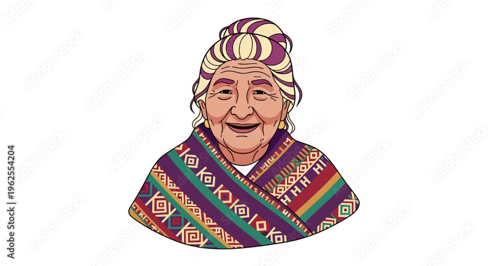 Fototapeta premium Elderly woman in colorful traditional clothing with geometric patterns