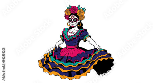 Colorful day of the dead catrina dancing with floral crown