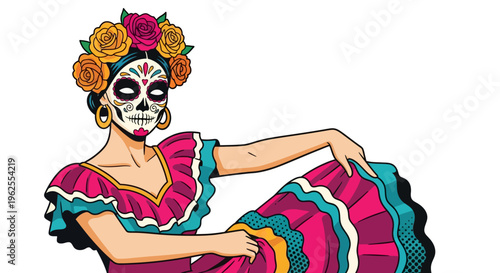 Vibrant catrina dancer in traditional dress celebrating dia de los muertos
