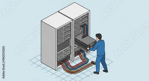 Technician Installing Server Hardware in Data Center.