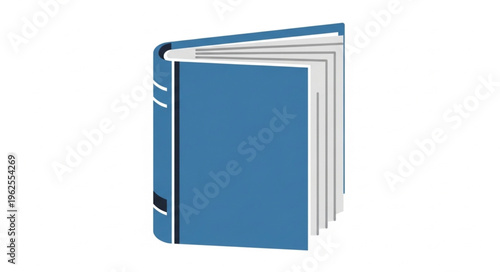 Open Blue Book with White Pages Standing Upright on a White Background.
