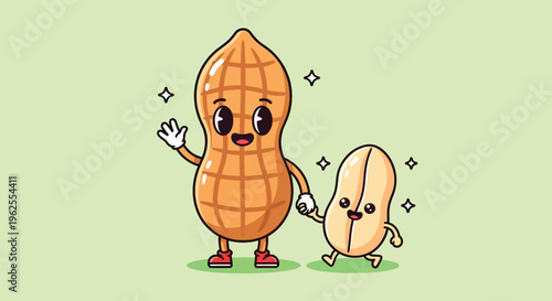Cute Peanut Cartoon Character Waving Hand and Holding Little Peanut Hand.