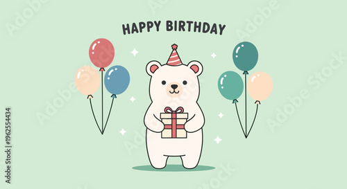 Cute Polar Bear Holding Gift Box with Balloons.