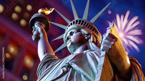 Statue of Liberty holding a glowing torch, with a blurred American flag in the background and warm bokeh lights, representing a powerful symbol of freedom, democracy, and United States patriotism