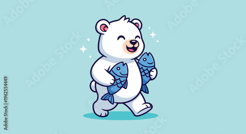 Cute Polar Bear Walking with Two Fish Cartoon Illustration.