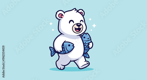 Cute Polar Bear Walking with Two Fish Cartoon.