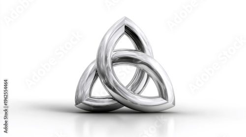 Triquetra symbol depicting unity, eternity, and a holy trinity concept, featuring an intricate knot pattern in textured metal on a clean white background. Pentecost