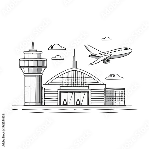 Modern Airport Terminal Building with Control Tower and Airplane in Flight