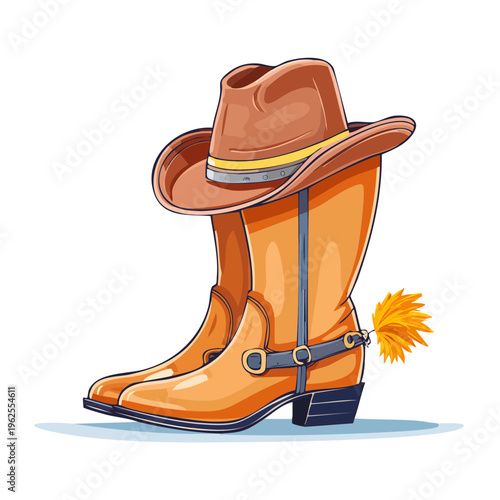 Stylized Cowboy Hat and Boots with Spurs and Feather Detail
