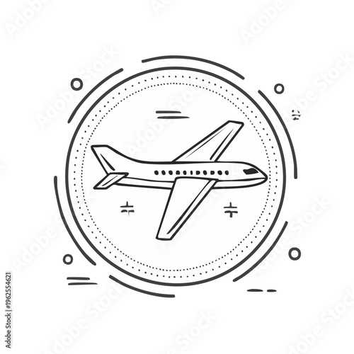 Line art airplane illustration within a circular abstract graphic element