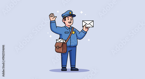 Friendly Postman Waving with Envelope and Mailbag.