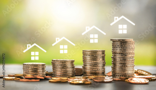 Rising coin stacks with houses property growth