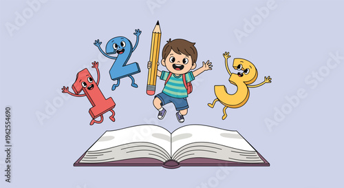 Happy Boy Jumping with Numbers and Open Book.