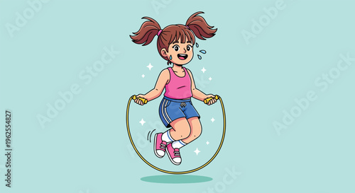 Happy Little Girl Skipping Rope Exercise.