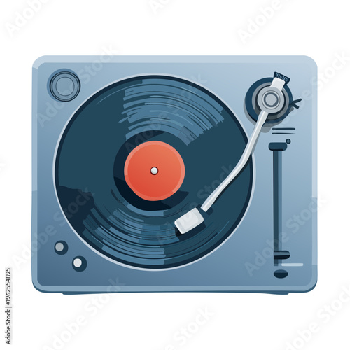 Modern turntable with spinning vinyl record and stylus creating vintage music playback