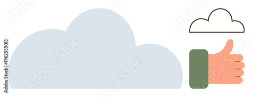 Approval, cloud computing, data storage, technology services, positive feedback, digital solutions. Large cloud shape and thumb-up hand gesture. Approval and cloud computing concept