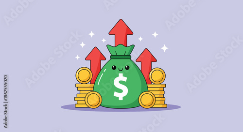 Money bag with dollar sign and rising arrows representing financial growth and investment success.