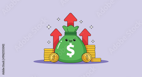 Money bag with dollar sign and upward arrows representing financial growth.