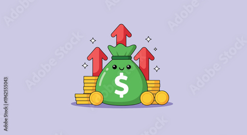 Money bag with dollar sign and upward arrows representing financial growth Vector Illustration.